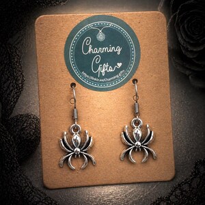 Spider Earrings – Tibetan Silver Charms on Steel or Silver Hooks, Includes Personalised Backing Card