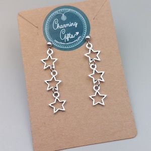 Triple Star Drop Earrings – Friendship Gift, Celestial Dangle Earrings, Silver Star Jewellery, Meaningful Birthday Gift for Her