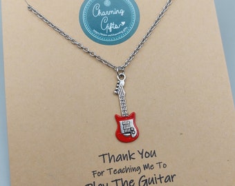 Hand-Painted Red Electric Guitar Necklace. A Tibetan Silver Charm on an Adjustable Stainless Steel Cable Chain with a Lobster Clasp.