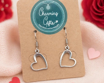 Heart Earrings – Tibetan Silver Charms on Steel or Silver Hooks, Includes Personalised Backing Card