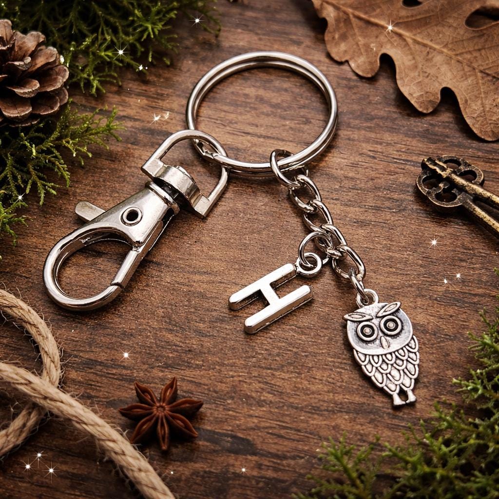 Owl Keyring – Tibetan Silver Charm on a Swivel Clasp Keychain, Includes Personalised Backing C