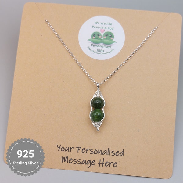 Two Peas in a Pod Necklace, Green Jade Gemstone Necklace,Personalised 925 Sterling Silver, Family Friendship Gift for Her