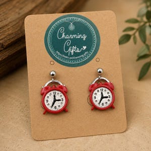 Alarm Clock Earrings – Hand-Painted Tibetan Silver Charms on Steel or Silver Studs, Includes Personalised Backing Card