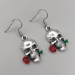 Skull and Rose Earrings – Gothic Tibetan Silver Charms, Symbolic Jewellery Gift for Her, Dark Fashion, Alternative, Love & Remembrance