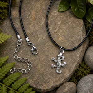Lizard Necklace – Tibetan Silver Charm on Adjustable Black Waxed Cord, Includes Personalised Backing Card