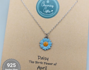Hand-Painted Blue Daisy Necklace, April Birthday Gift. A Tibetan Silver Charm on a Sterling Silver Belcher Chain with Spring Ring Clasp.