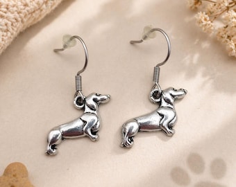 Dachshund Earrings – Tibetan Silver Charms on Steel or Silver Hooks, Includes Personalised Backing Card