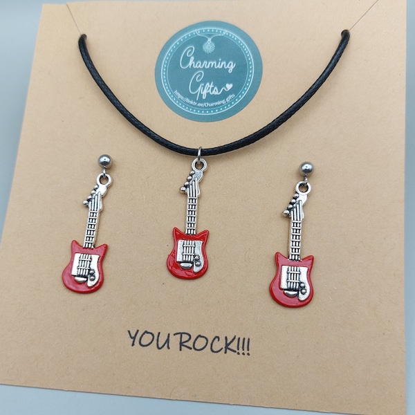 Electric Guitar Jewellery Set, Music Gifts on Personalised Message Card, Sets Include Choker Necklace on a Black Cord & Steel Stud Earrings