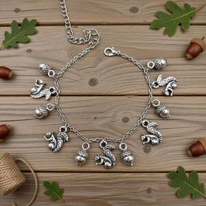 Squirrels & Acorns Bracelet – Tibetan Silver Charms on Adjustable Steel Chain, Includes Personalised Backing Card