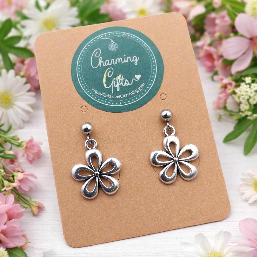 Daisy Earrings – Tibetan Silver Charms on Steel or Silver Ball