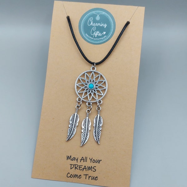 Dreamcatcher Choker Necklace. A Tibetan Silver Charm on a Faux Leather Black Cord with a Lobster Clasp & Extender Chain.