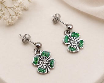 Four-Leaf Clover Earrings – Tibetan Silver Charms on Steel or Silver Ball Studs, Includes Personalised Backing Card