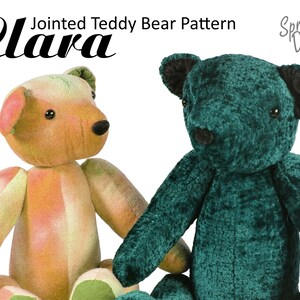 May include: Two teddy bears, one with a green velvet fur and the other with a multi-colored fabric, are shown sitting. The bears are both jointed and have black eyes. The text "Clara" and "Jointed Teddy Bear Pattern" are visible in the image.