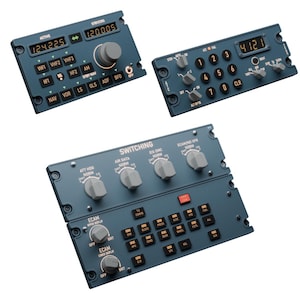 May include: Three dark teal aircraft control panels with various buttons, knobs, and digital displays. The panels feature labels like "ACTIVE," "SWITCHING," and "ECAM." The displays show numbers and abbreviations.