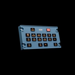 Op de afbeelding: Een lichtblauw rechthoekig ECAM-bedieningspaneel met een raster van zwarte drukknoppen met verlichte oranje tekstlabels, waaronder ENG, BLEED, PRESS, ELEC, HYD, FUEL, APU, COND, DOOR, WHEEL, F/CTL, ALL, CLR, STS, RCL en een rode EMER CANC-knop.