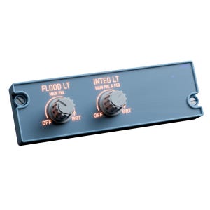 May include: A rectangular blue aircraft control panel featuring two gray rotary knobs. The panel displays illuminated orange text reading FLOOD LT MAIN PNL and INTEG LT MAIN PNL & PED, with OFF and BRT labels positioned around each knob.
