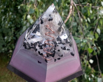 MYSTERY MOON, A heavy Moonstone tip large hexagon pyramid! A large Moonstone och a layer of Selenite and Blacktourmaline.