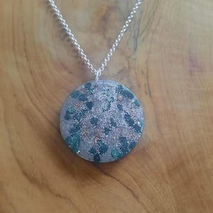 Orgonite pendant necklace- handmade with intuition, love and joy. Malachite, copper shavings and glitter at the top.