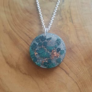 Orgonite pendant necklace- handmade with intuition, love and joy. Malachite, copper shavings and glitter at the top.