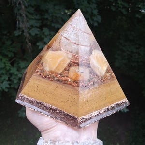 JOURNEY OF HEALING- Orgonite Healing Hexagon Pyramid – Yellow Calcite, Golden Healer, Pyrite, Copper, Clear Quartz - Emf shield