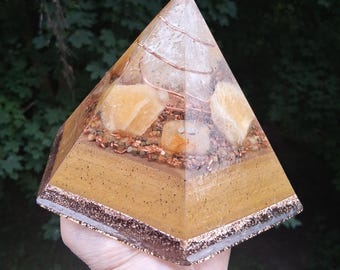 JOURNEY OF RENEWAL, Hexagon Orgonite Pyramid, Yellow Calcite and Golden Healer Crystal, Pyrite Copper Art, Mindful Tech Desk Gift