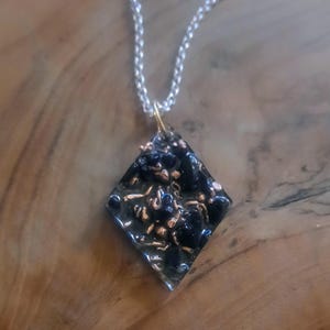 Orgonite pendant necklace, handmade with intuition, love and joy. Black Tourmaline, shungite, atomized metals ~ crusched crystals in a mix.