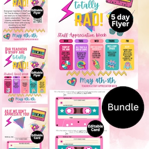 Può includere: Un pacchetto di volantini e biglietti stampabili per la Settimana di Apprezzamento per Insegnanti e Personale, dal 4 all'8 maggio. Il design presenta un tema retrò anni '90 con musicassette, colori neon e la frase "Our Teachers & Staff Are Totally Rad!" Biglietti e volantini modificabili.