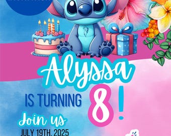 Invitation d'anniversaire de point, fête d'anniversaire Lilo et Stitch, invitation modifiable, invitation d'anniversaire de point, modèle de toile d'invitation de point