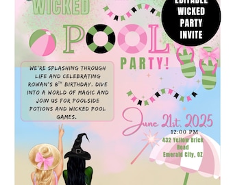 Wicked Pool Party Invitation, Glinda Elphaba Party, Summer Birthday Invite, Pool Bash, Wicked Themed Party Editable Canva Digital Download