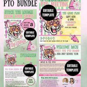 May include: A digital bundle of editable school PTO templates featuring a tiger mascot wearing star-shaped glasses, pink megaphones, and pom-poms. The designs include text such as Team Spirit PTO Bundle, Join Us, Evergreen PTO Meeting, and Meet the PTO Board.