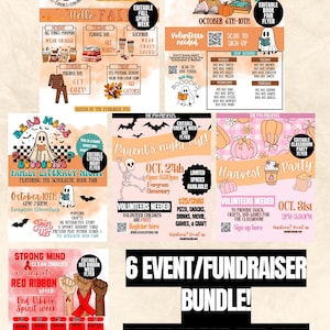 May include: A colorful flyer bundle for PTO/PTA events. Includes flyers for Fall Spirit Week, a Scholastic Book Fair, Family Literacy Night, Parent's Night Out, Red Ribbon Week, and a Harvest Party. Features text and graphics.