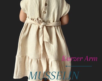 Sommerkleid Musselin Kleid Mädchen Baumwolle kurze Ärmel, Knöpfe am Rücken mit Bindeband - Bio Musselin - Mädchenkleid 56 - 116
