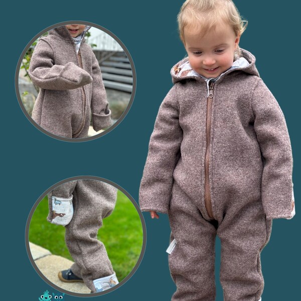 Wolloverall Merinowolle Umschläge Baby Kind mit Reisverschluss gefuettert- 56-122 mit Kapuze - Design frei wählbar -