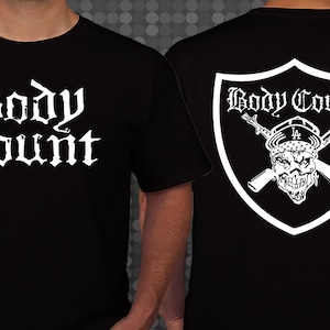 May include: Black t-shirt with a white graphic of the text "Body Count" on the front and a white graphic of a skull with crossed rifles inside a shield on the back.