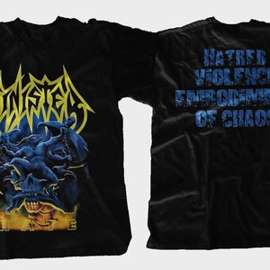 May include: Black t-shirt with a yellow and blue graphic of a demon with the band name "Suffocation" and the word "Hate" printed below. The back of the shirt has the text "Hatred Violence Embodiment of Chaos" printed in blue.
