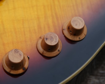 3 &quot;stratocaster&quot; potentiometer knobs in yew - yew wood guitar knobs