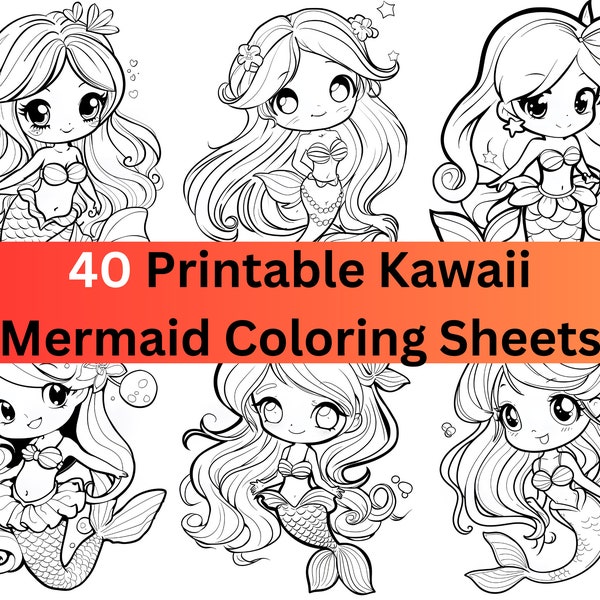40 Kawaii Mermaid Coloring Pages | Mermaid Printable | Mermaid Activities | Printable Pages | Mermaid Party Birthday | DIGITAL FILES