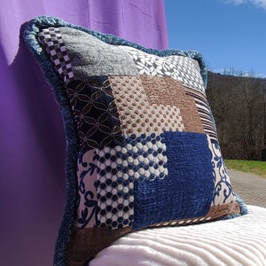 Blue Chenille Jacquard Pillow Cover: Fringed Faux Patchwork Cushion,  (18x18 Inch / 45*45cm)