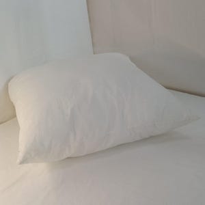May include: A white, square pillow on a white surface. The pillow is filled and has a soft, textured appearance. The image is well-lit, highlighting the pillow's shape and fabric. The pillow is likely for bedding.