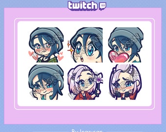 May include: A collection of six cartoon emotes for Twitch, featuring anime-style characters with various expressions. The emotes include characters with blue and purple hair, wearing beanies and holding a heart and flower. Text reads "EMOTES FOR twitch" and "By Inarysan."
