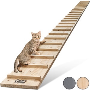 Könnte beinhalten: Eine Holzkatzenleiter mit 12 Stufen, hergestellt von Elmato, einem deutschen Unternehmen. Eine getigerte Katze klettert die Leiter hinauf. Die Leiter ist aus Naturholz gefertigt und in zwei Farben erhältlich: Grau und Naturholz.