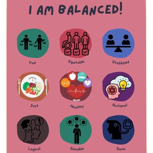 Op de afbeelding: Een roze poster met de tekst "I AM BALANCED!" en illustraties die concepten als "Fair", "Equitable" en "Just" vertegenwoordigen. De onderkant van de poster luidt "CREATED BY B.F.D."