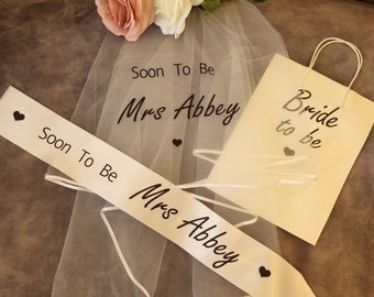 Hen Party, Personalised Veil and Sash, with gifft bag, future Mrs, Bride To Be.