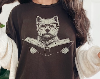 Westie Book Comfort Colors T-Shirt: Reading Dog Shirt - Westie Mom Gift, Dog Dad Tee, Bookish Nerd Dog Librarian West Highland White Terrier