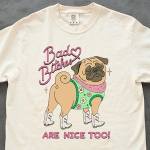 ヴィンテージの面白い漫画パグTシャツ - 悪い雌犬もナイスなパグシャツ、かわいいパグママパパへのギフト、レトロなユーモア犬好きグラフィック