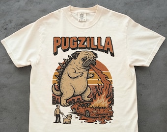 Funny Pug Godzilla Shirt – Vintage Comic Monster Pug Tee, Weird Fire-Breathing Dog T-Shirt for Pug Mom, Pugzilla Dad or Dog Lovers