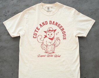 Cute and Dangerous Cat Comfort Colors T-Shirt - Cowboy Cat on Cactus Tee, Western Cat Mom Gift, Cowgirl Wild West Shirt