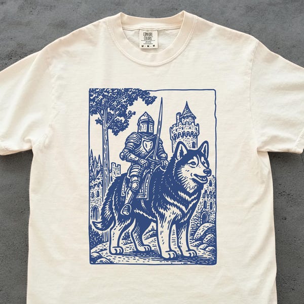 Knight Husky Rider Vintage T-shirt, Retro 90s Graphic Tee Dark Art Medieval Funny Dog Meme Shirt, Husky Mom Dad, Grimdark Gift