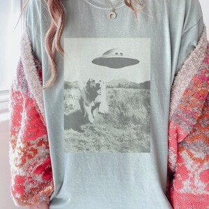 May include: A light blue t-shirt with a black and white image of a dog looking up at a flying saucer. The dog is standing in a field of grass.