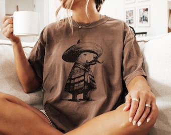 Mexican Ink Capybara Funny T-Shirt: Capybara with Mustache in Sombrero and Poncho – Rodent Meme Gift Tee for Animal Lovers